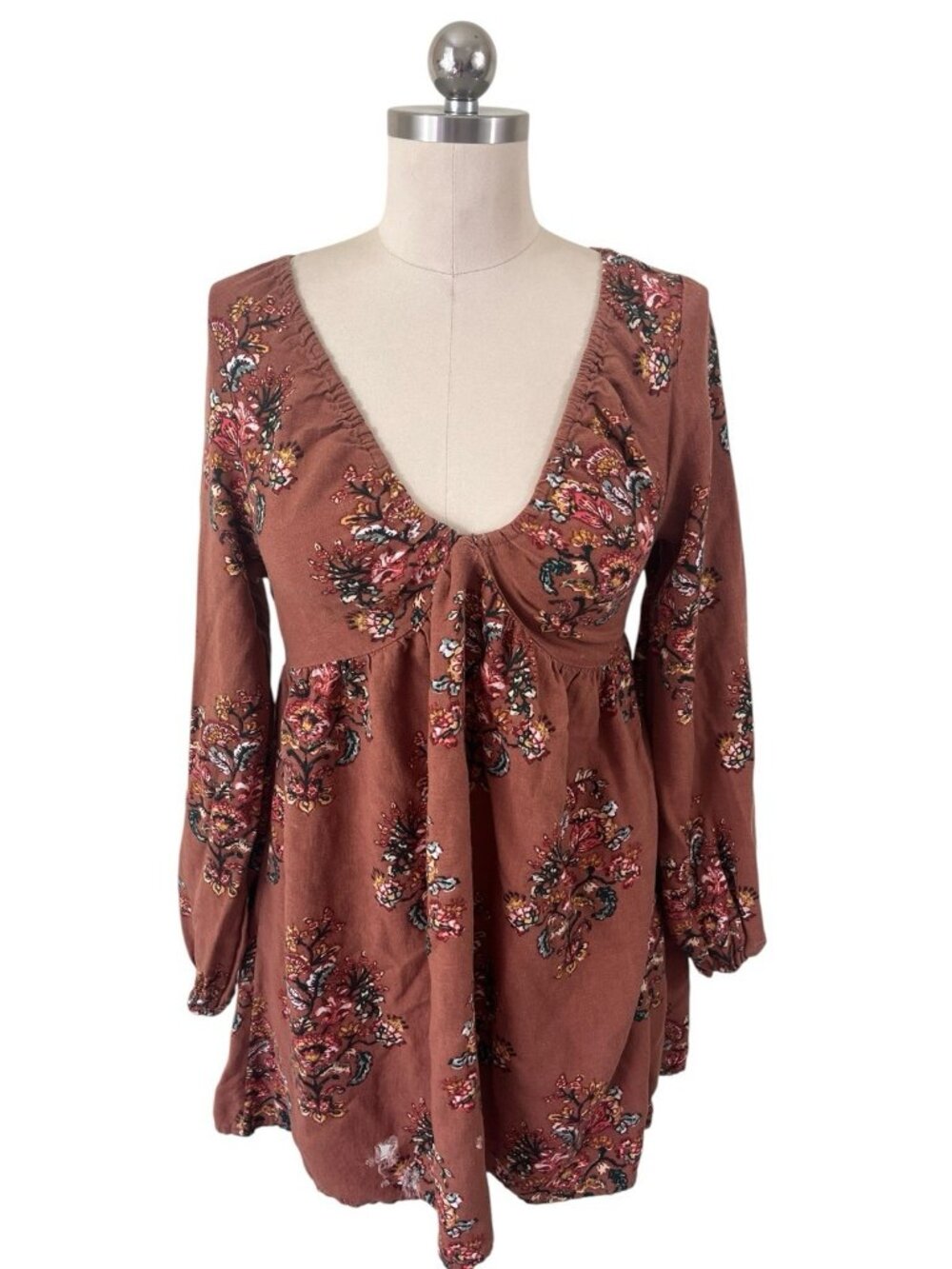 O'Neill Boho-Chic Floral Mini Babydoll Dress Rust Brown Long Sleeve Womens XS